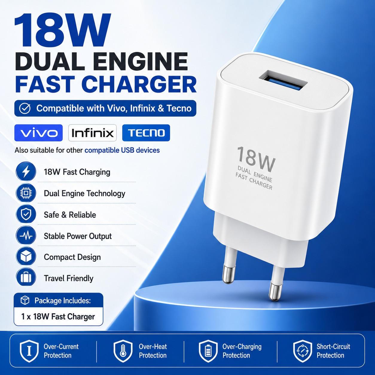 18W Dual Engine Fast Charger – Compatible with Vivo, Tecno & Infinix