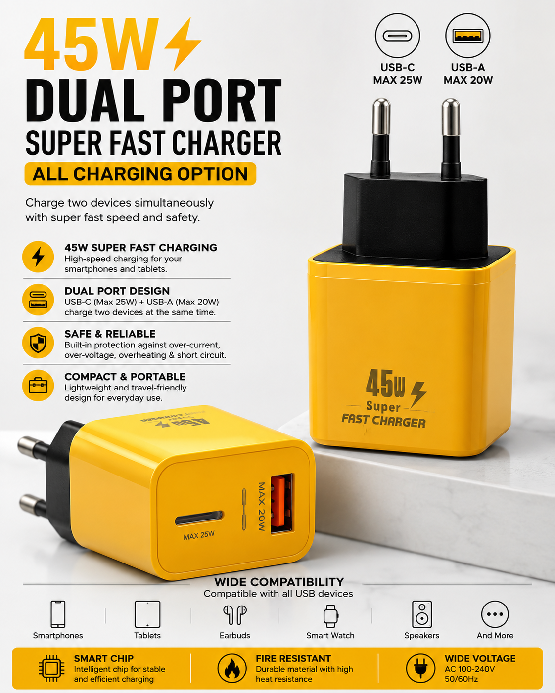 45W Dual Port Super Fast Charger – USB-C & USB Fast Charging Adapter
