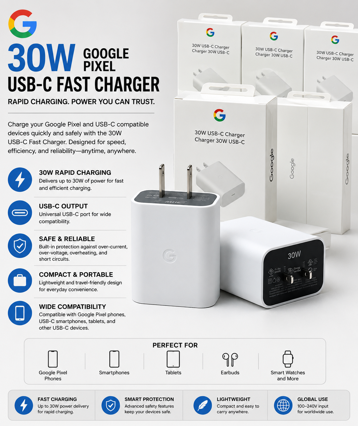 Google Pixel 30W USB-C Fast Charger – Rapid Charging Adapter