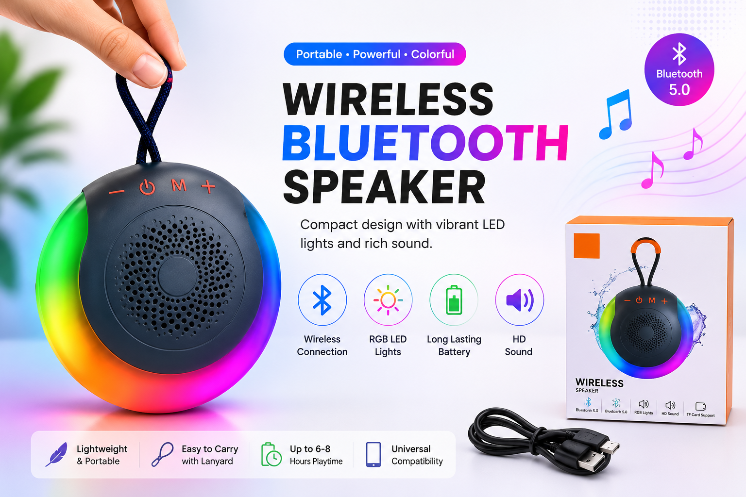 Portable Wireless Bluetooth Speaker with RGB LED Lights
