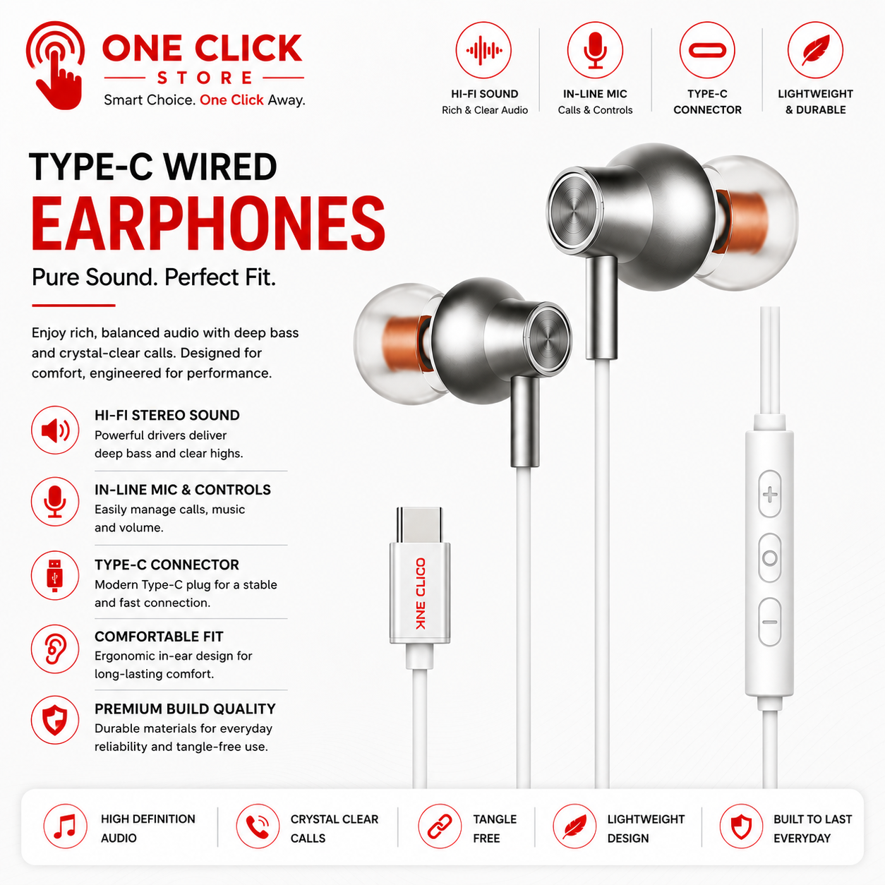 YOUKSH Type-C Wired Earphones with HD Stereo Sound & In-Line Microphone